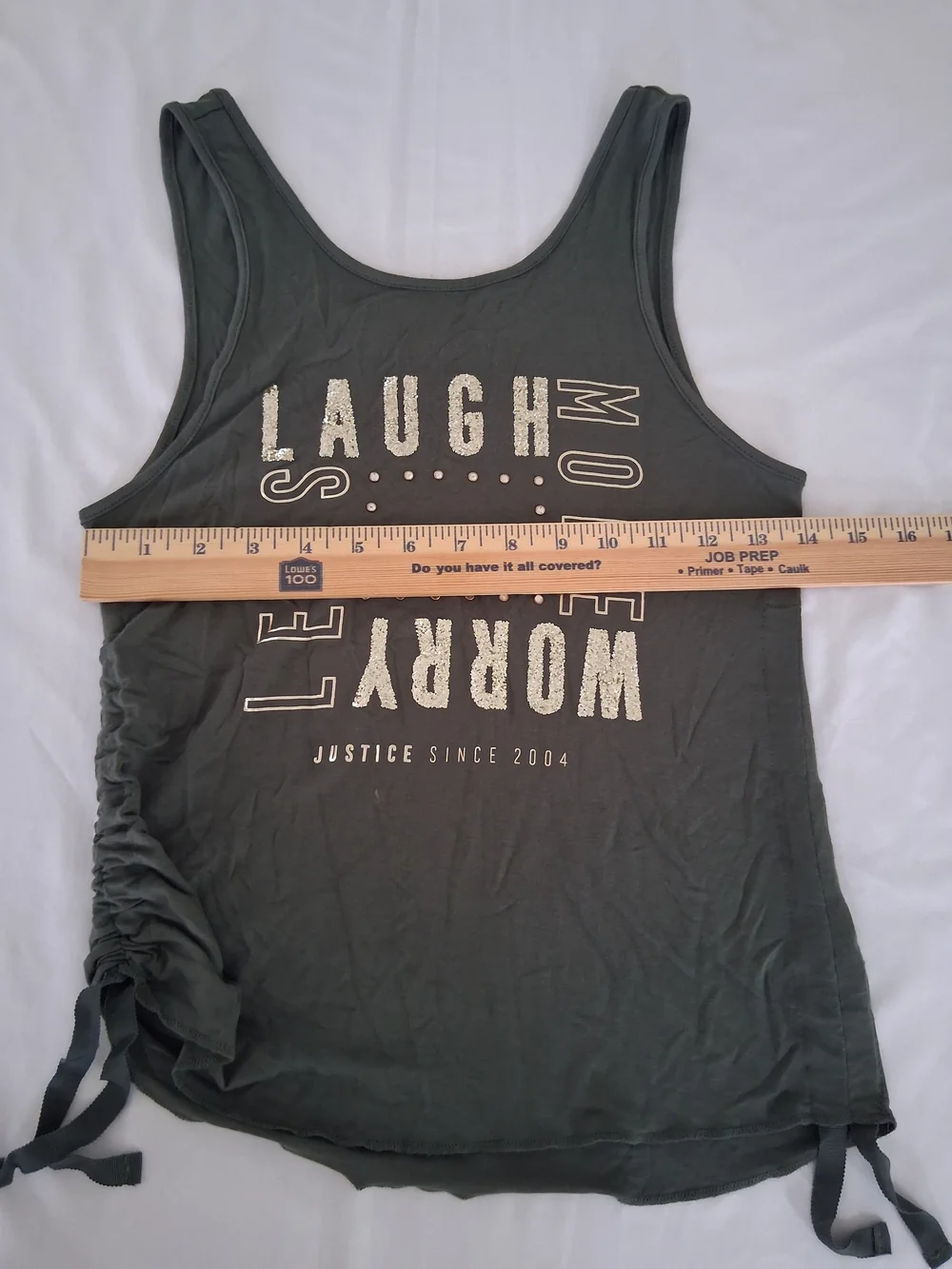Justice Tween Girl's  Olive Green Tank with Metallic Graphic Side Ties Size 12